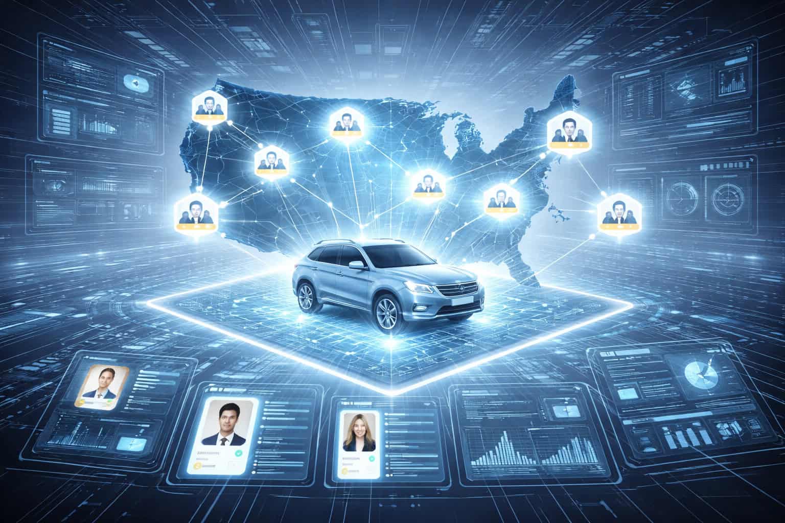 Digital illustration showing verified consumer profiles connected to vehicle data, representing how Xcelerated Data defines active vehicle audiences based on current ownership.