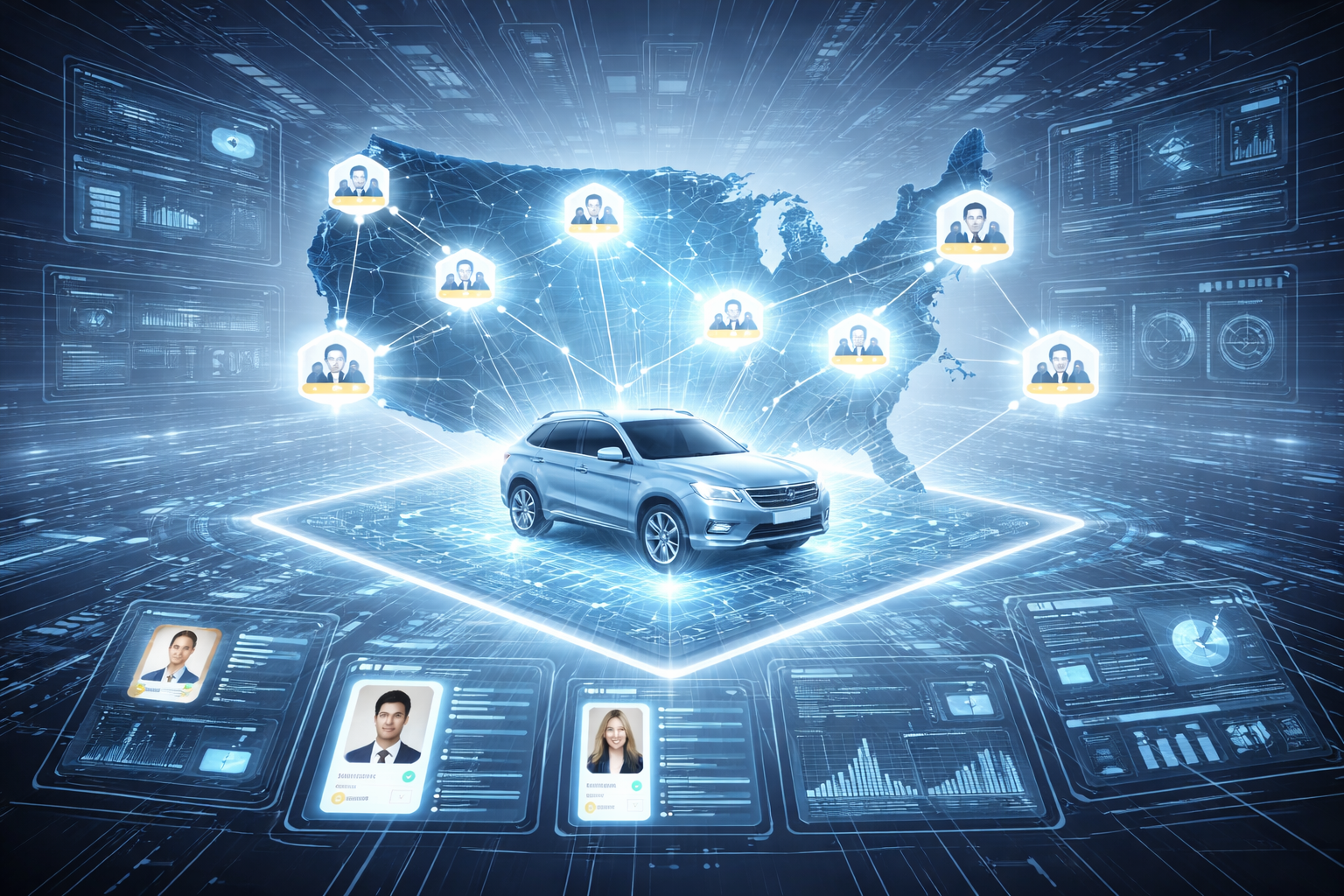 Digital illustration showing verified consumer profiles connected to vehicle data, representing how Xcelerated Data defines active vehicle audiences based on current ownership.