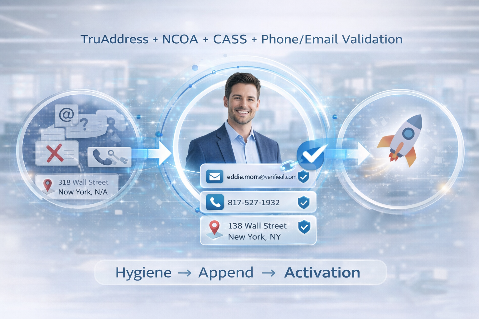 Xcelerated Data data hygiene and append process transforming incomplete consumer records into verified email, phone, and address profiles ready for activation