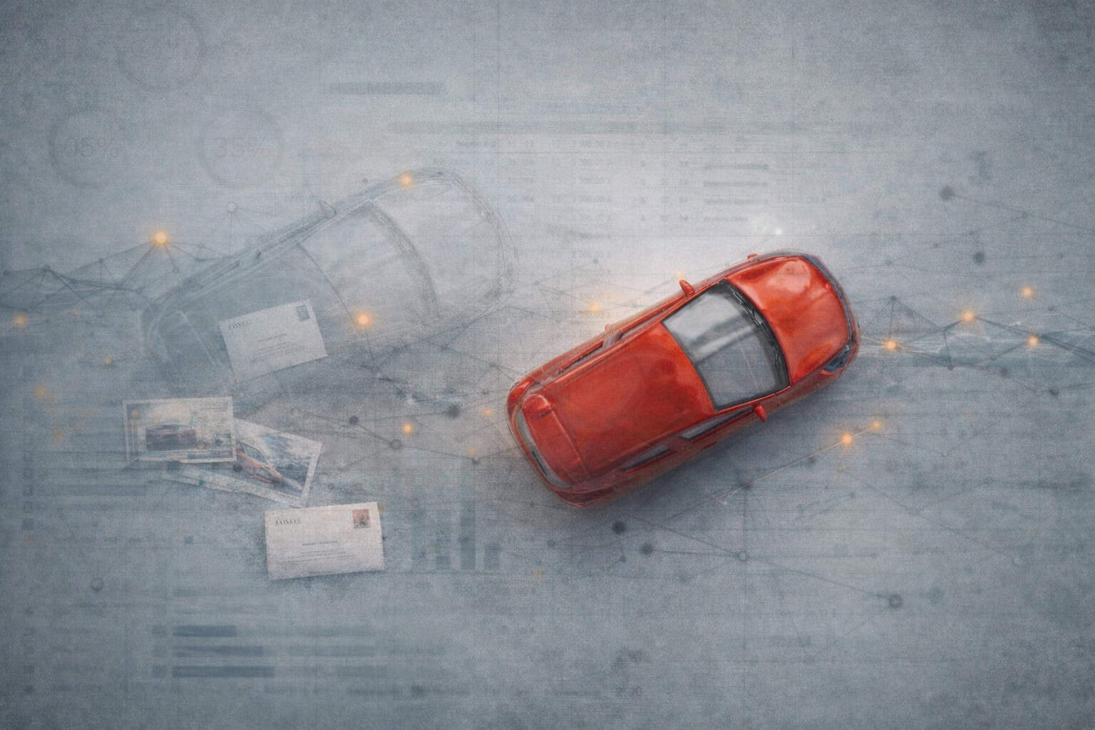 Digital illustration showing a vehicle separated from outdated ownership data, with faded records and discarded mail representing no longer owns (NLO) and wasted marketing spend.