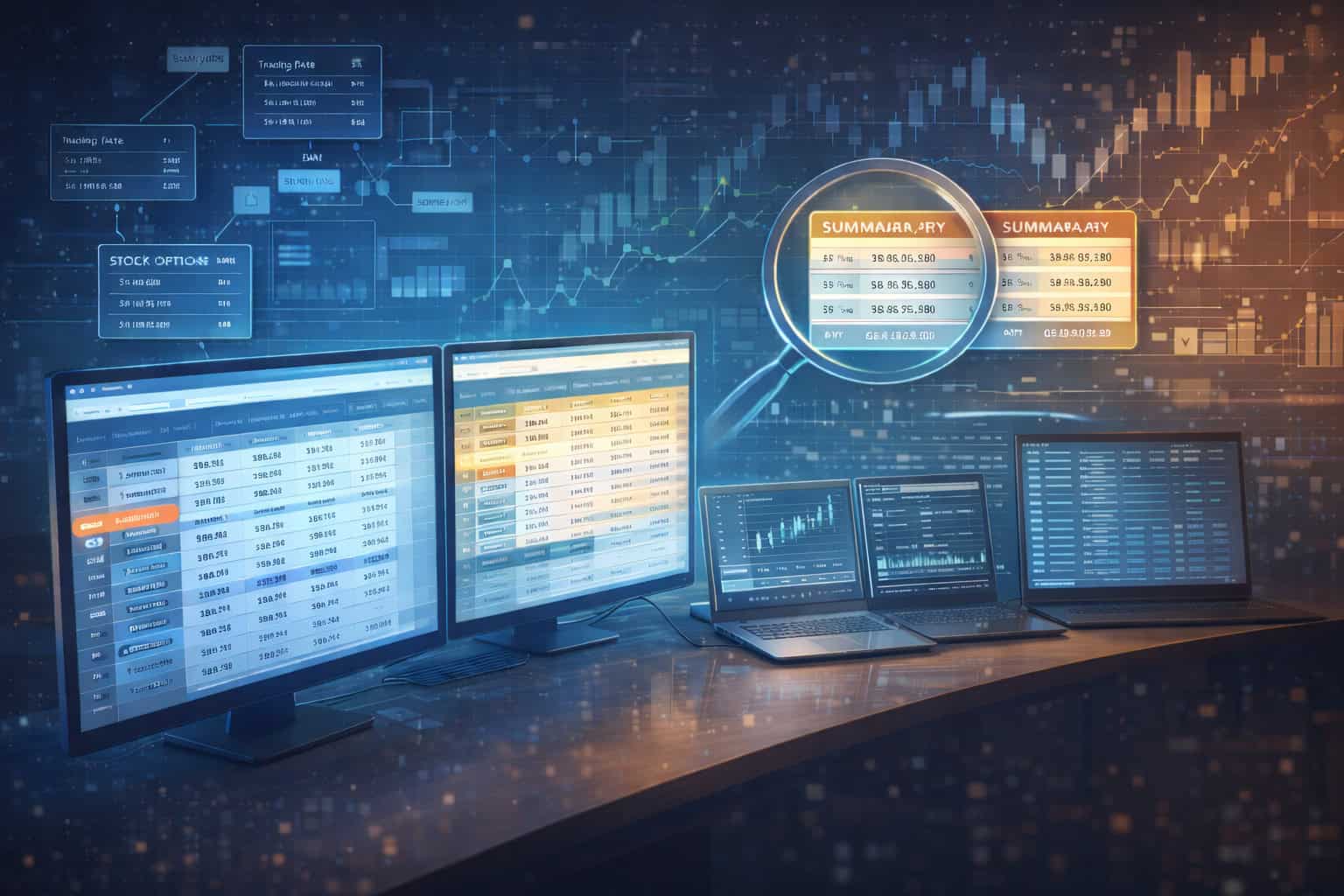 Financial data dashboards displaying stock option analytics and historical market data, representing how Xcelerated Data analyzes and validates large scale investment datasets.