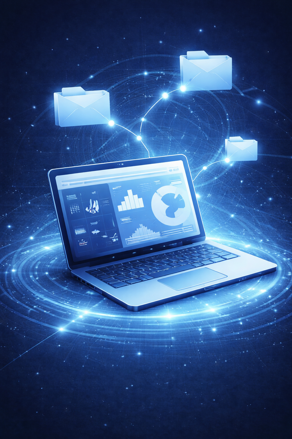 Digital illustration of a laptop connected to secure data folders, representing new mover and escrow data delivered and ready for use by Xcelerated Data.