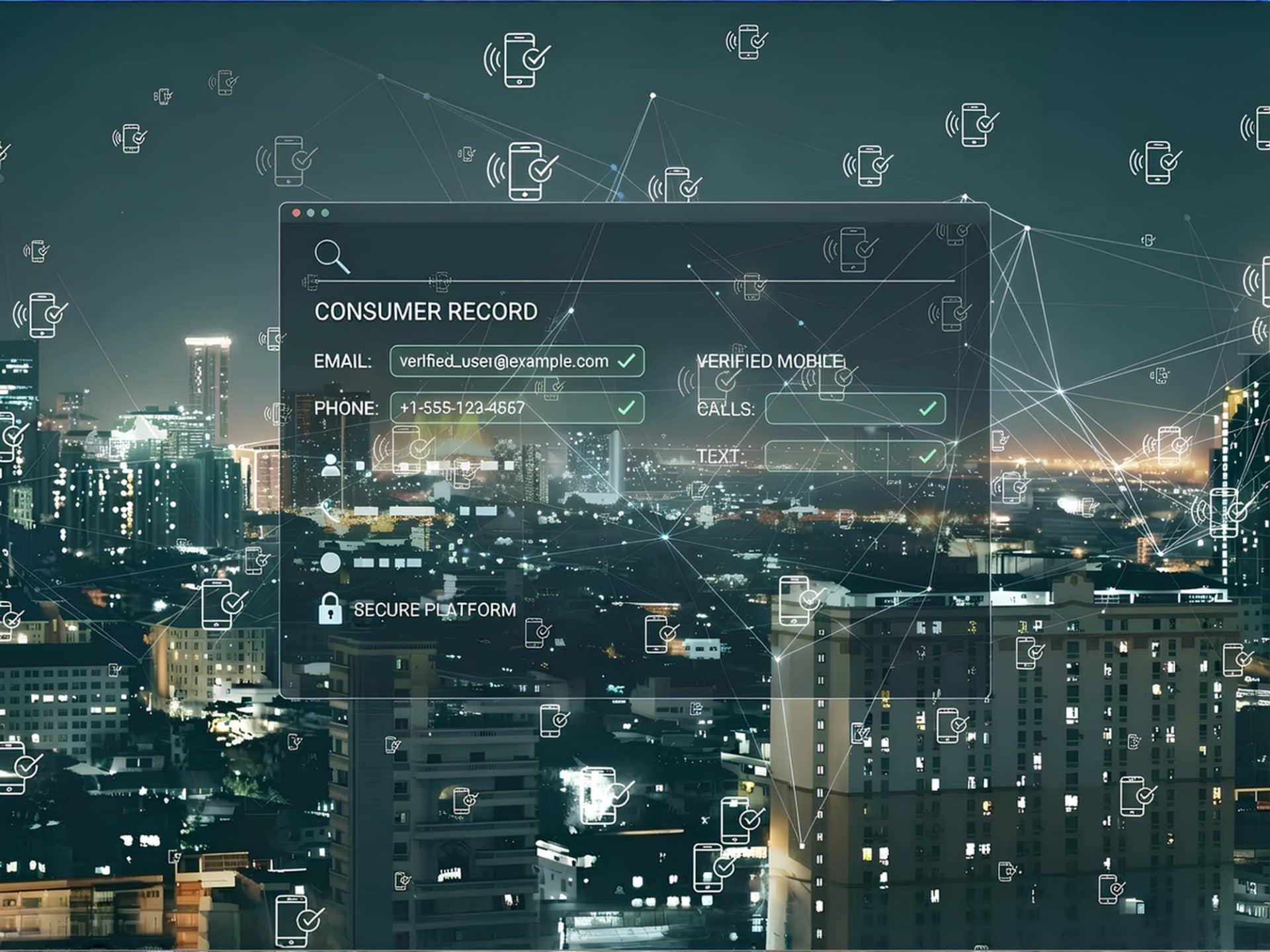 Digital illustration of a consumer record showing a verified mobile phone number within a secure data platform.