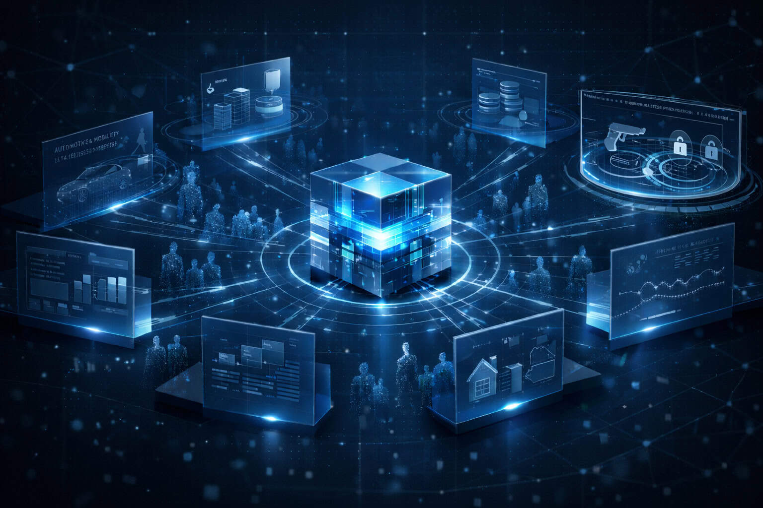 Enterprise consumer data ecosystem showing Xcelerated Data’s verified identity core connecting households and consumers to multiple industries including automotive, insurance, financial services, real estate, retail, agencies, home services, and regulated firearms data.