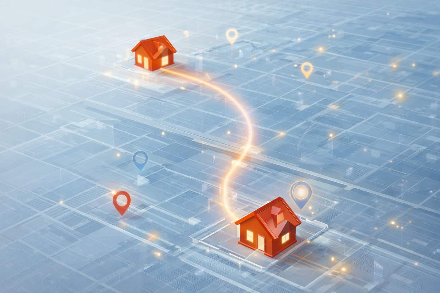 Digital illustration showing household location changes represented by connected homes and location markers, visualizing new mover and escrow data from Xcelerated Data.