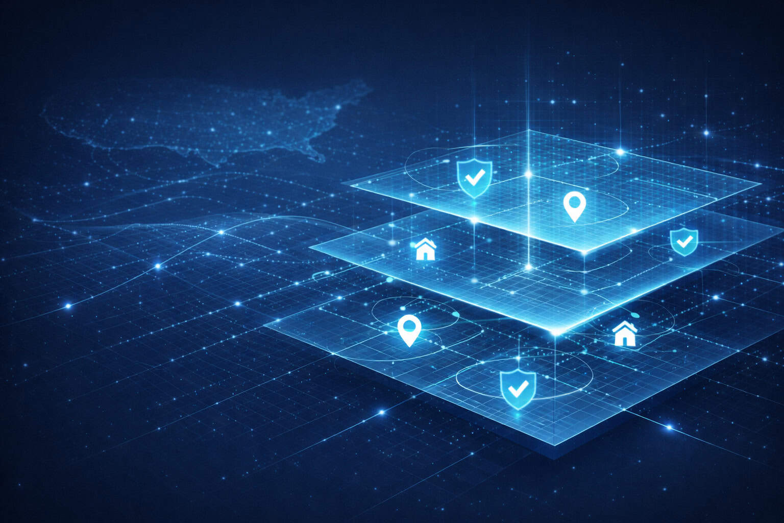 Layered digital visualization showing verified residential data across the United States, illustrating how Xcelerated Data reviews, validates, and maintains new mover and escrow records.