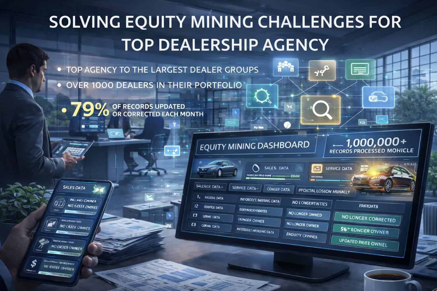 Equity mining dashboard showing automated processing with 79 percent of vehicle records receiving updates or corrections